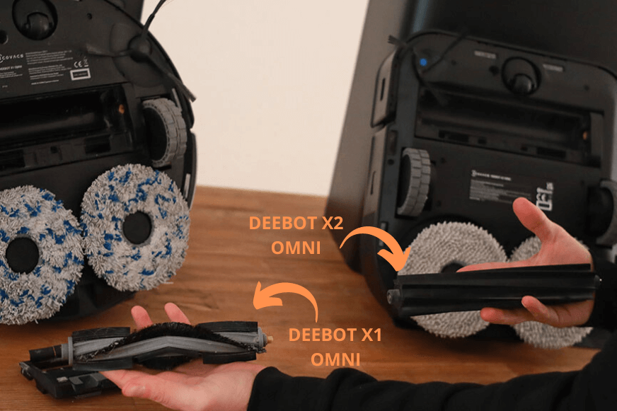 Die gurmierte Hauptbürste des ECOVACS DEEBOT X2 OMNI ist im Vergleich zu der Hauptbürste des DEEBOT X1 OMNI aus Borstenhaaren zu sehen